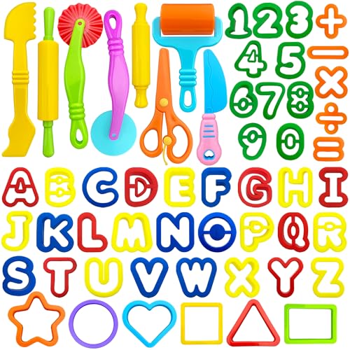 Dough Tools 55 PCS Dough Play Tools Set for Kids, Plastic Alphabet Numbers Shapes Cutters, Rollers, Scissors