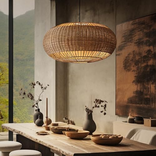 Rattan Handwoven Pendant Lights Adjustable Bamboo Wicker Hanging Lamp, Pendantt Light Fixture With Drum Basket Shade 1 Light Woven Pendant Light For Dining Room Living Room (Not Bulb Included)