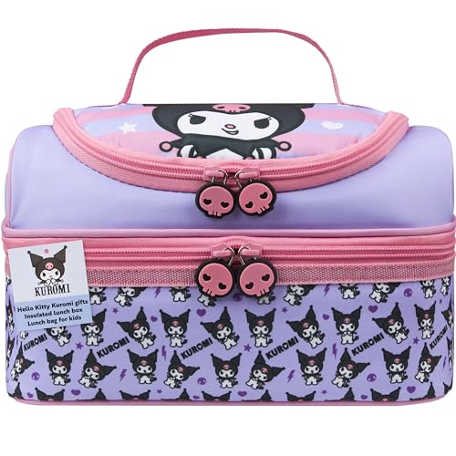 Get Trend Hello Kitty Kuromi Insulated Lunch Bag Two Compartments Anime Kawaii Lunch Box Cooler Bag for Picnic Gifts for Kids (Multi Kuromi)