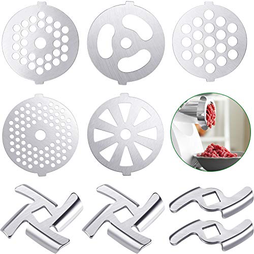 Mudder 9 Pieces Meat Grinder Blades Plate Discs Stainless Steel Food Knife Cutter Meat Grinder Replacement Parts for Size 5 Stand Mixer Accessories