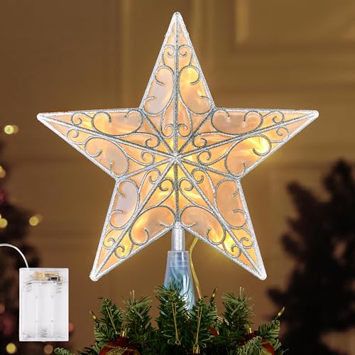 JOIEDOMI 10.5 inch Lighted PVC Glitter Swirl Star Christmas Tree Topper, 10 Warm White Light Silver Tree Topper, Battery Powered for Christmas Tree Decorations Home Holiday Xmas Party Indoor Decor