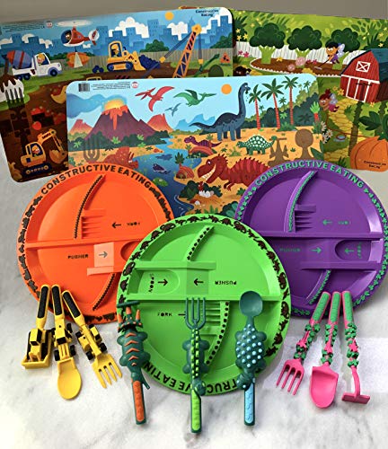 Constructive Eating Made in USA Construction, Dinosaur, and Garden Combo with 3 Utensil Sets, Plates, and Placemats for Toddlers, Infants, Babies and Kids - Made With Materials Tested for Safety