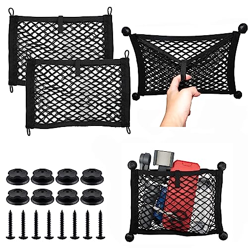 VEHIRIE Universal 2 Pack Elastic Small Cargo Net Pocket Organizer Pouch Bag 14.3 x 9.5 inches RV Netting Storage Pocket with 8 Pieces Mounting Screws, Mesh Cargo Net for Car Trunk RV Storage