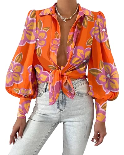 BTFBM Women Fashion Button Down Shirts Lapel V Neck Printed Solid Boho Long Sleeve Blouses Dressy Casual Summer Fall Top(Floral Orange Purple, Small)