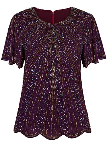 Vijiv Women's 1920s Vintage Beaded Tops Art Deco Scalloped Hem Embellished Sparkly Dressy Sequins Shirt Blouse Tunic Party Purple