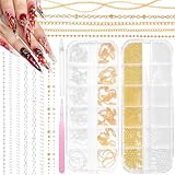 12 Strips Nail Art Chains and Metal Nail Beads (Silver+Gold) for Acrylic Nails Art, Gold Nails Jewelry Chains, Small Round Mini Ball Gems for Manicure DIY Supplies Accessories