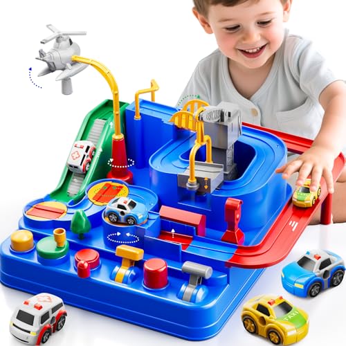 KIZONLY Car Race Track for Kids Ages 4-8, Kids Car Toys for 3 Year Old Boys, Race Track for Toddlers 1-3, City Set with 3 Small Cars and Helicopter, Educational Birthday Gifts
