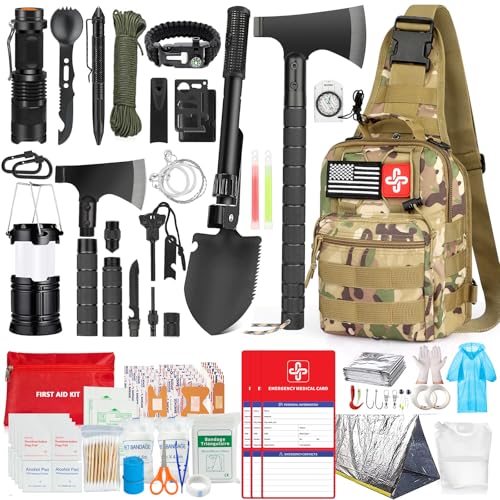 Survival Kit, 262Pcs Survival Gear and Supplies with First Aid Kit Pouch and Crossbody Bag, Emergency Kit with Tent, Camping Axe Hammer, Survival Shovel w/Pick, Bug Out Bag Gifts for Men Women