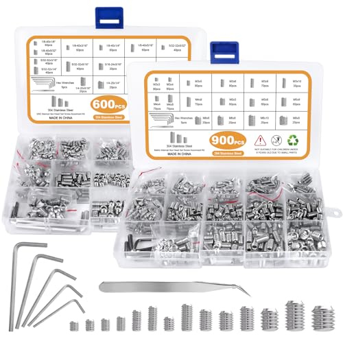 1500PCS Metric & SAE Set Screw Assortment Kit, 32 Size 304 Stainless Steel Internal Hex Allen Grub Head Set Screws for Bathroom Fixtures, Door Handles, Home Repair, Silver, M3-M8, 1/8-40 to 5/16-18