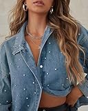 Women's Button Down Shirts Rhinestone Plaid Shacket Long Sleeve Collared Business Casual Tops Work Blouses Blue B