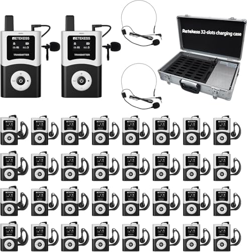 Retekess T130U(4nd Gen T130) Wireless Tour Guide System, Two Way Tour Guide Headsets, 656ft, 40h, U Band, 32-Slot Charge Case, Assistive Listening System for Travel Groups(2 Transmitters 32 Receivers)