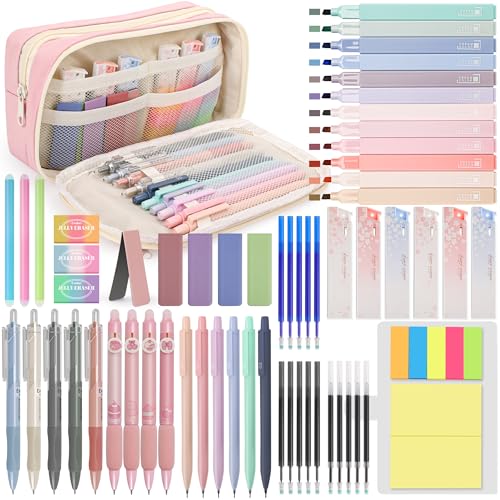 DazSpirit 61 PCS Aesthetic School Supplies with Cute Pencil Case, Pastel Highlighters, Gel & Erasable Pens, Mechanical Pencils, Refills, Complete Essentials Stationery Kit for Students (Pink)