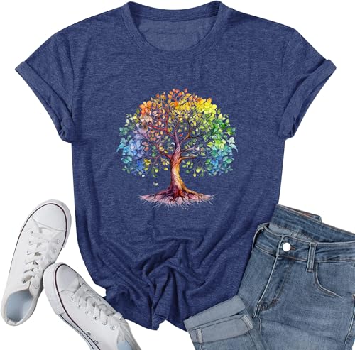 Fall Leaves Graphic Tees for Women Novelty Meditation Tee Shirt Short Sleeve Nature Plant Tree Print Tshirt Causal Inspirational Hiking Workout Tops, Blue Medium