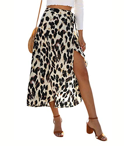 Newchoice Summer Skirts for Women, Asymmetrical Hem Leopard Printed Wrap Skirt (M,Leopard Khaki)