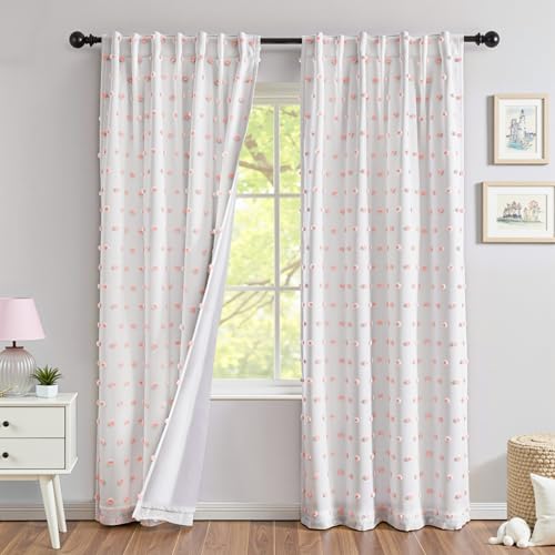 MYSKY HOME 100% Blackout Curtains for Girls Bedroom 84 Inch Long Total Light Blocking Nursery Pink Curtain for Living Room 2 Panels Room Darkening Back Tab Window Drapes with Pom Pom Sheer 52W x 84L