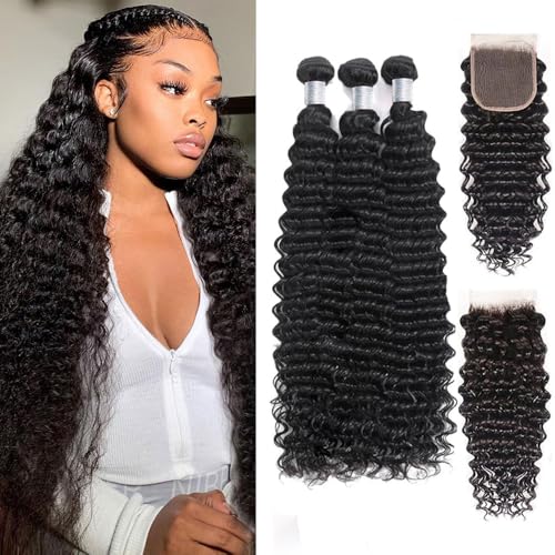 12A Deep Wave Bundles with Closure Human Hair 26 28 30 inch Human Hair Bundles with Closure 22 inch 5x5 HD Lace Closure Free Part 100% Unprocessed Virgin Hair Natural Color Soft