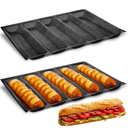 Maxcheck 2 Pcs Silicone Perforated Baking Forms Sandwich Mold French Baguette Bread Pan Mat 5 Loaf Non Stick Baking Liners for Home Baking