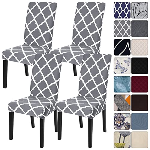 SearchI Dining Room Chair Covers Set of 4, Stretch Spandex Kitchen Slipcovers Removable Washable Geometric Parsons Protector for Room, Hotel, Ceremony (Gray+White)