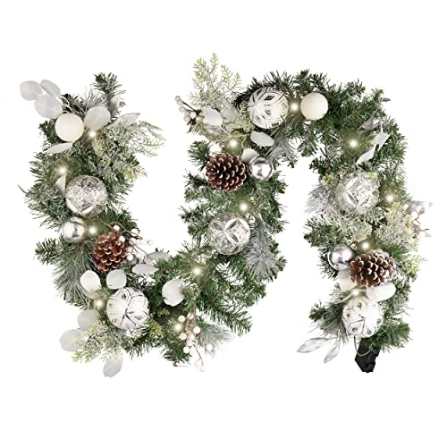 Valery Madelyn Pre-Lit Christmas Garland with Lights for Mantle, 6ft Lighted Battery Operated Valentine's Day Garland with Silver White Balls for Front Door Fireplace Table Centerpiece Home Decoration