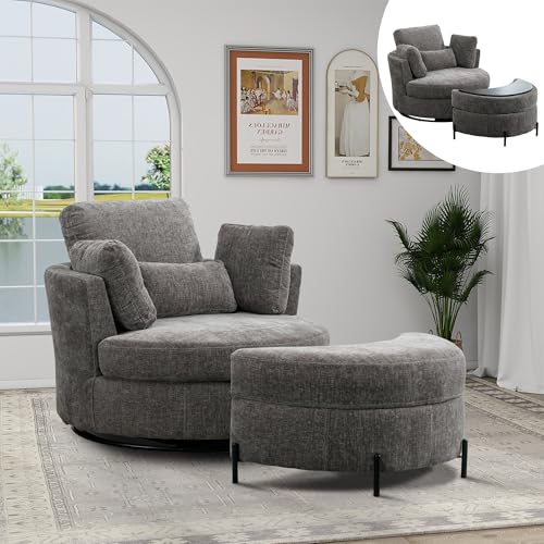 Chifee & Vingol 42.2" Oversized Swivel Round Barrel Chair with Ottoman,Dark Gray