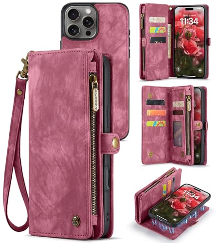 SZHAIYU 2 in 1 Detachable Compatible with iPhone 16 Pro Max Wallet Case with Card Holder, Retro Premium Flip Leather Cover Magnetic Zipper Pocket Phone Cases 6.9'' (Red, IP 16 Pro Max)
