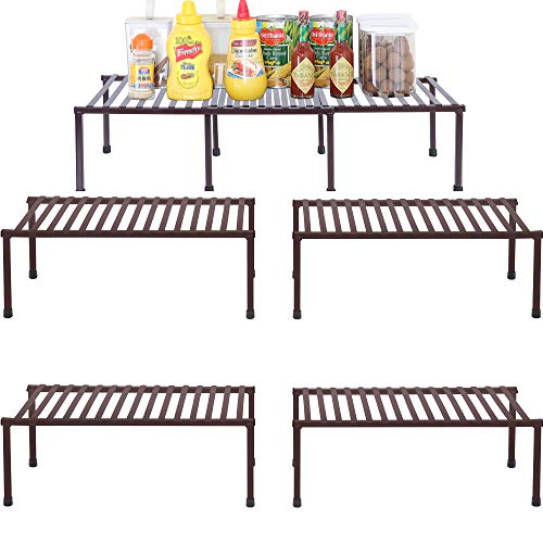 STORAGE MANIAC Set of 4 Expandable Kitchen Rack Wire Shelf Organizer Adjustable Metal Pantry Storage for Plate Dish Cabinets Counter, Brown