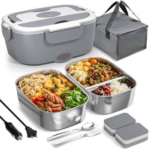 Electric Lunch Box for Adults - 80W Fast Heated Lunch Box for Men&Women with Dual 1.5L Stainless Steel Containers Fast Heating Portable Food Warmer for Car&Truck lonchera eléctrica portátil