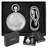 Alwesam Copper Pocket Watch Train Railroad Steampunk Mechanical London Hand Wind Mens Watches with Chains & Boxs Christmas Graduation Birthday Gifts Fathers Day(Silver)