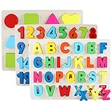 QZMTOY Wooden Puzzles for Toddlers, Wooden Alphabet Number Shape Puzzles Toddler Learning Puzzle Toys for Kids, 3 in 1 Puzzle for Toddlers, Age 3+ (Set of 3)