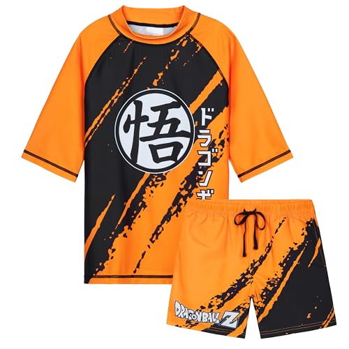 Get Trend Dragon Ball Z Swimsuit Set for Boys Teens Anime 2 Pcs with Swimming Trunks Boys Rash Guard for Swimming (13-14 Years, Orange Dragon Ball Z)