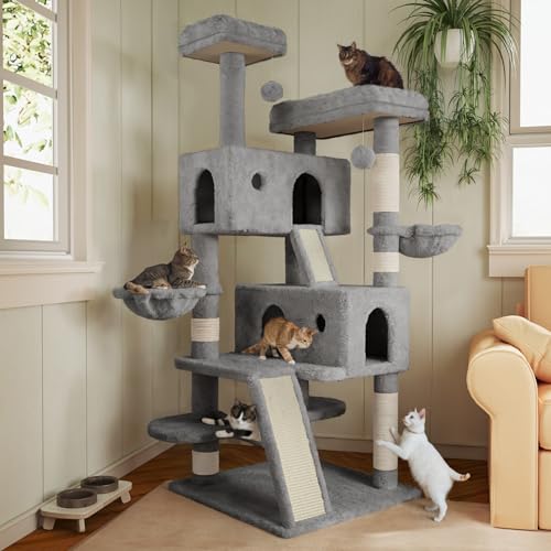 MUTICOR 66 Inches Multi-Level Large Cat Tree Tower for Indoor Big Feline/Cozy Plush Perches/Condo/Sisal Scratching Posts/Hammock and Baskets/Activity Center Play House/Wide Base/Grey