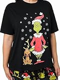 The Grinch Women Pajama Set Christmas Minky Plush Pants T-shirt (Black, Large)