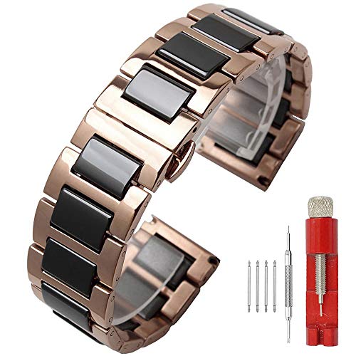 SINAIKE 20mm Black Ceramic Watch Strap Rose Gold Watch Bracelet Stainless Steel Butterfly Push Button Wrist Watch Band for Men Women