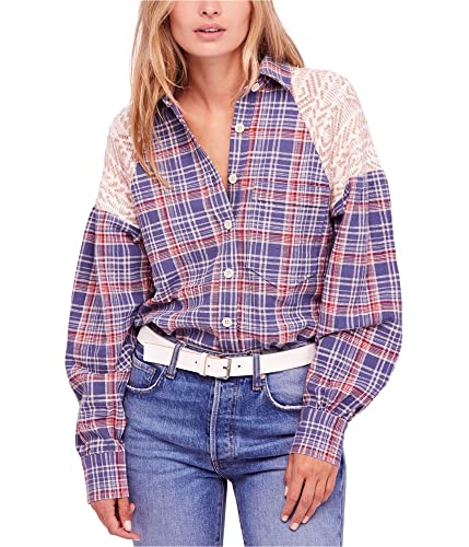 Free People Womens Fire Side Night Plaid Knit Button-Down Top Multi XS Blue