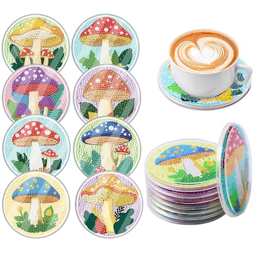 8 Pcs Diamond Painting Coasters Kit, Mushrooms Diamond Art Coasters with Cover, Acrylic Diamond Art Coaster Kit for Adult for Home Office and Gift