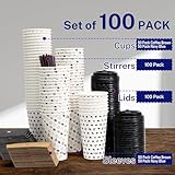 16 oz Coffee Cups with Lids and Sleeves, 100 Pack Paper Coffee Cups, 16 oz To Go Coffee Cups with Printed, Disposable Coffee Cups with Lids, Sleeves & Stirrers for Home, Business, Restaurant and Cafe