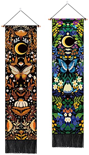 ARTCREATOR Pack of 2 Moon and Butterfly Tapestry Hippie Room Decor, Yellow and Bule Plant Flower Tapestry Boho Wall Decor, Vertical Bohemian Tapestry Wall Hanging for Room(12.8 x 51.2 inches)