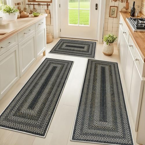 HEBE Washable Kitchen Rugs Sets of 3, Non Slip Absorbent Kitchen Rugs and Mats, Farmhouse Stain Resistant Faux Jute Kitchen Mat Carpet Runner for Kitchen Floor, Laundry Room, Hallway, Black/Gold