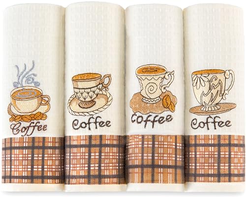 Lavien Home Cotton Kitchen Towels - Set of 4 Decorative Dish Cloths, Coffee Embroidered Coffee Tea Towels, 16x24 inches