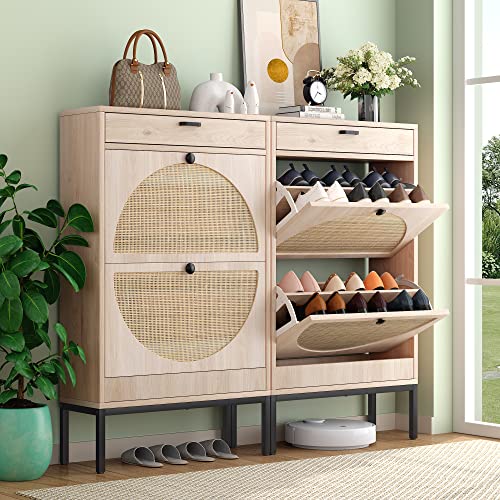 Yechen Shoe Rack Storage Organizer with 2 Natural Semi-Circular Rattan Doors, Entryway Wooden Shoe Cabinet for Sneakers, Leather Shoes, High Heels, Slippers (2 Piece, Oak)