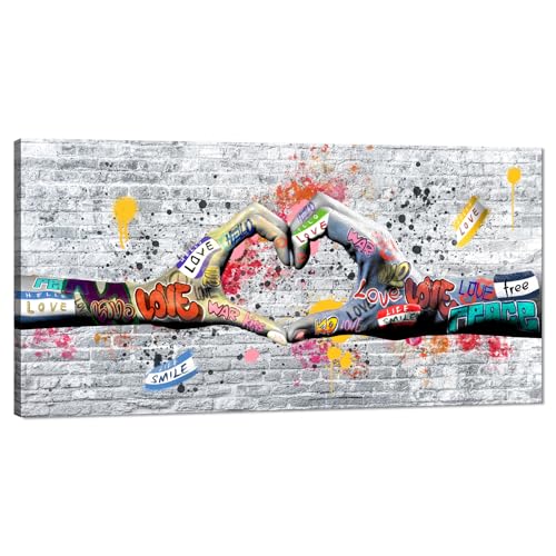 Large Canvas Wall Art - Colorful Graffiti Wall Decor Abstract Love Hand Gesture Painting Love Heart Hand Street Art Prints Pop Art Poster Artwork Modern Picture for Home Bedroom Decor, Framed 48"x 24"