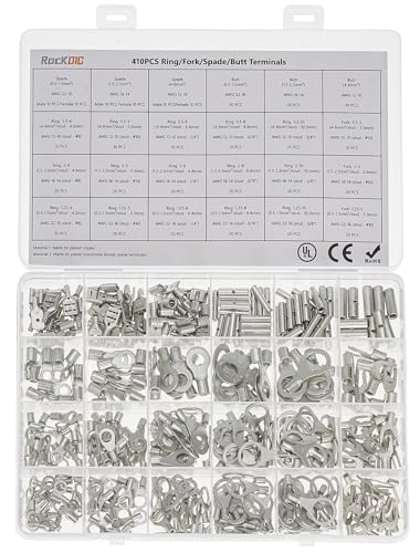 RockDIG Electrical Wire Connectors, 410 PCS AWG 22-16 16-14 12-10 Gauge Non-Insulated Butt Spade Ring Terminal Lug Crimp Connectors Assortment Kit