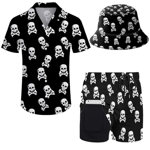 Mens Skull Hawaiian Sets Rave Clothes 2 Piece Outfits Hawaiian Shirt And Shorts With Hat Large