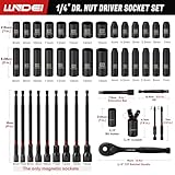 LLNDEI 1/4" Drive Socket set & Nut Driver Set 44PCS, 1/4-Inch Sockets Deep&Shallow Metric(4-15mm) with Ratchet, 1/4" Hex Shank 6" Long Nut Drivers(6-14mm) for Impact Drill Bits(PH1 PH2)