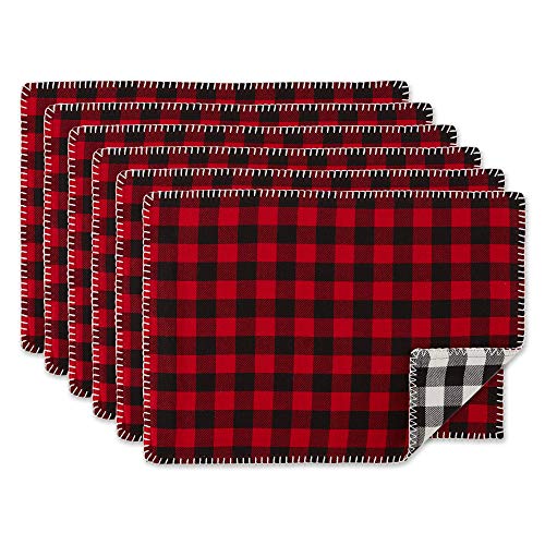 DII Buffalo Check, Reversible Collection Tabletop, Placemat Set, 13x19, Red & Black, 6 Piece