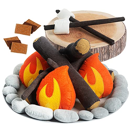 Pretend Campfire Set for Kids with S'Mores Kit & Wood Log Pillow - Soft, Safe & Durable Toy Campfire for Pretend Play & Sensory Play - Giftable Plush Felt Kids Campfire Playset for Ages 3+