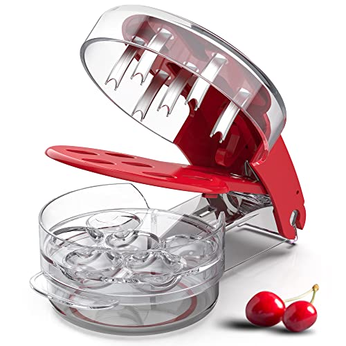 Cherry Pitter, XSCQ Cherry Pitter Tool Corer Stainless Steel with Lock Design, Saving time and Enjoy Cherry Jam(Anti-juice Splash)-Red