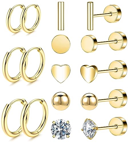 Versatile 8 Pairs Titanium Earrings for Sensitive Ears - Dot Ball Opal Cubic Zirconia, 20 Gauge, Pure Titanium Stud and Hoop Earrings Set - G23 Titanium Earrings with Flat Back for Women (B-Gold)