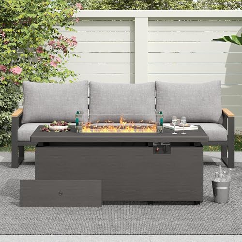 Sundale Outdoor 51 Inch Outdoor Fire Pit Table, 50,000 BTU Rectangle Propane Fire Pit with Glass Wind Guard, Rain Cover, Removable Lid, CSA Certified, Gray