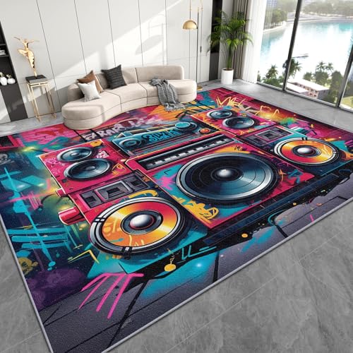 Zoainuos Boombox Rug 4x5 - Music Room Area Rugs for Living Room Bedroom - Music Carpet - Washable Non Slip Easy Clean - Graffiti Home Decor & Gifts